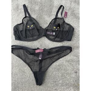 Adore Me Alyshia Unlined Bra Panty Set Black Cat Women 1X 44D NWT Mesh Sexy